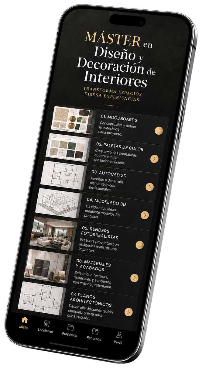 El máster en tu celular: índice de módulos — moodboards, paletas de color, AutoCAD 2D, modelado 3D, renders fotorrealistas, materiales y planos arquitectónicos
