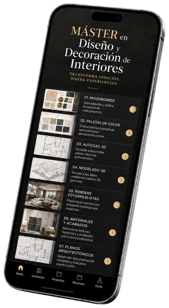 El máster en tu celular: índice de módulos — moodboards, paletas de color, AutoCAD 2D, modelado 3D, renders fotorrealistas, materiales y planos arquitectónicos