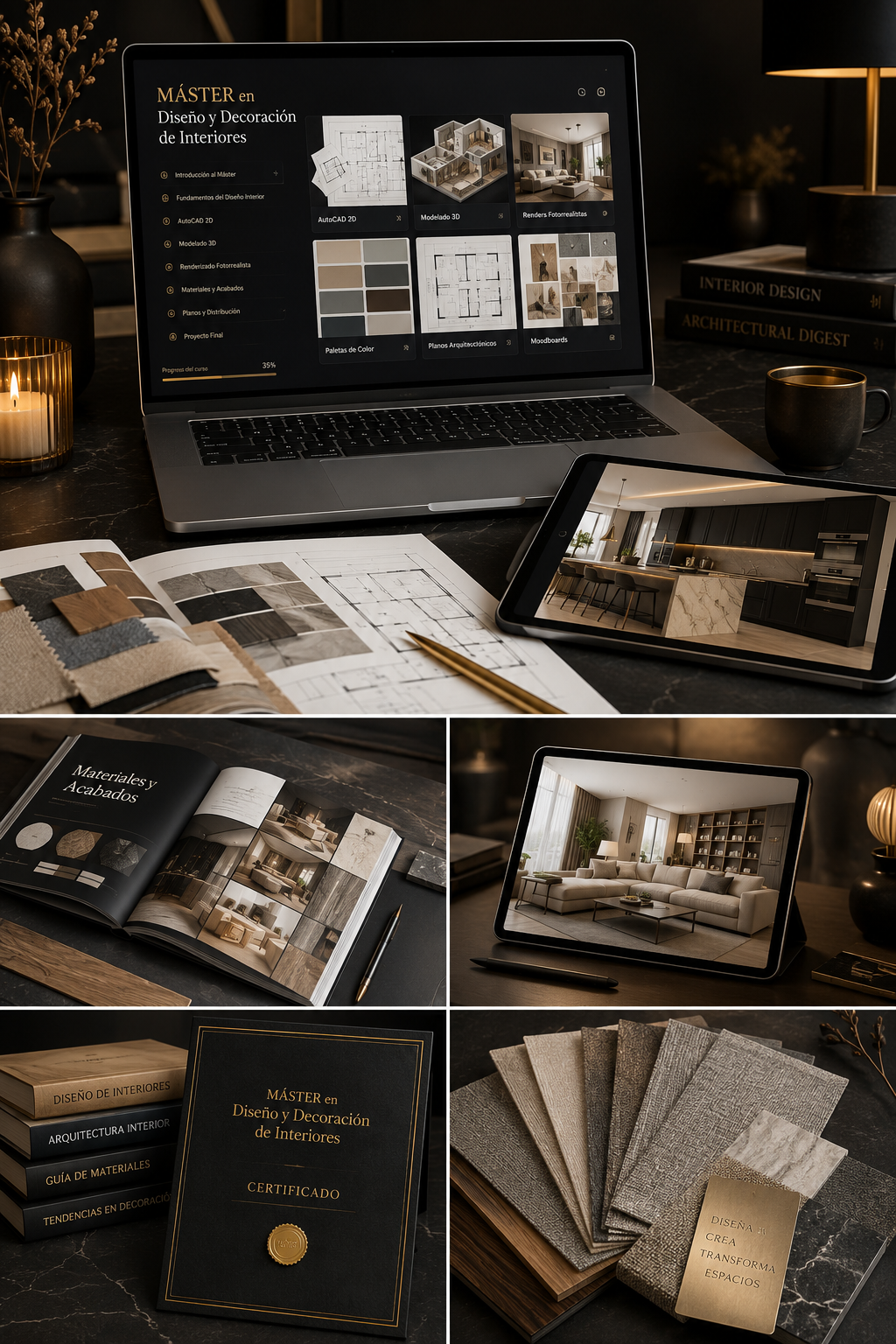 Certificado de finalización del Máster en Diseño y Decoración de Interiores junto a materiales y recursos del curso