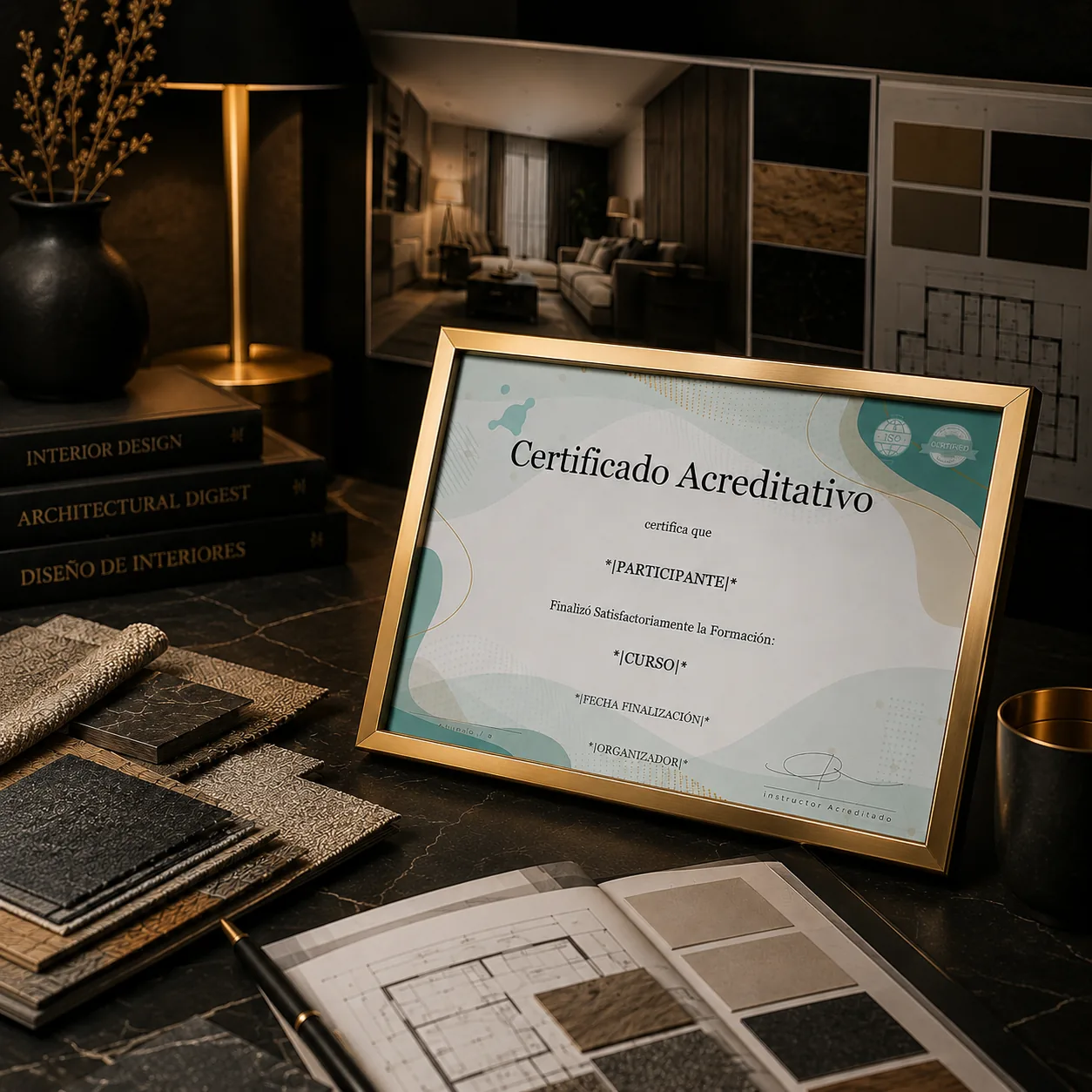 Certificado de finalización del Máster en Diseño y Decoración de Interiores junto a materiales y recursos del curso