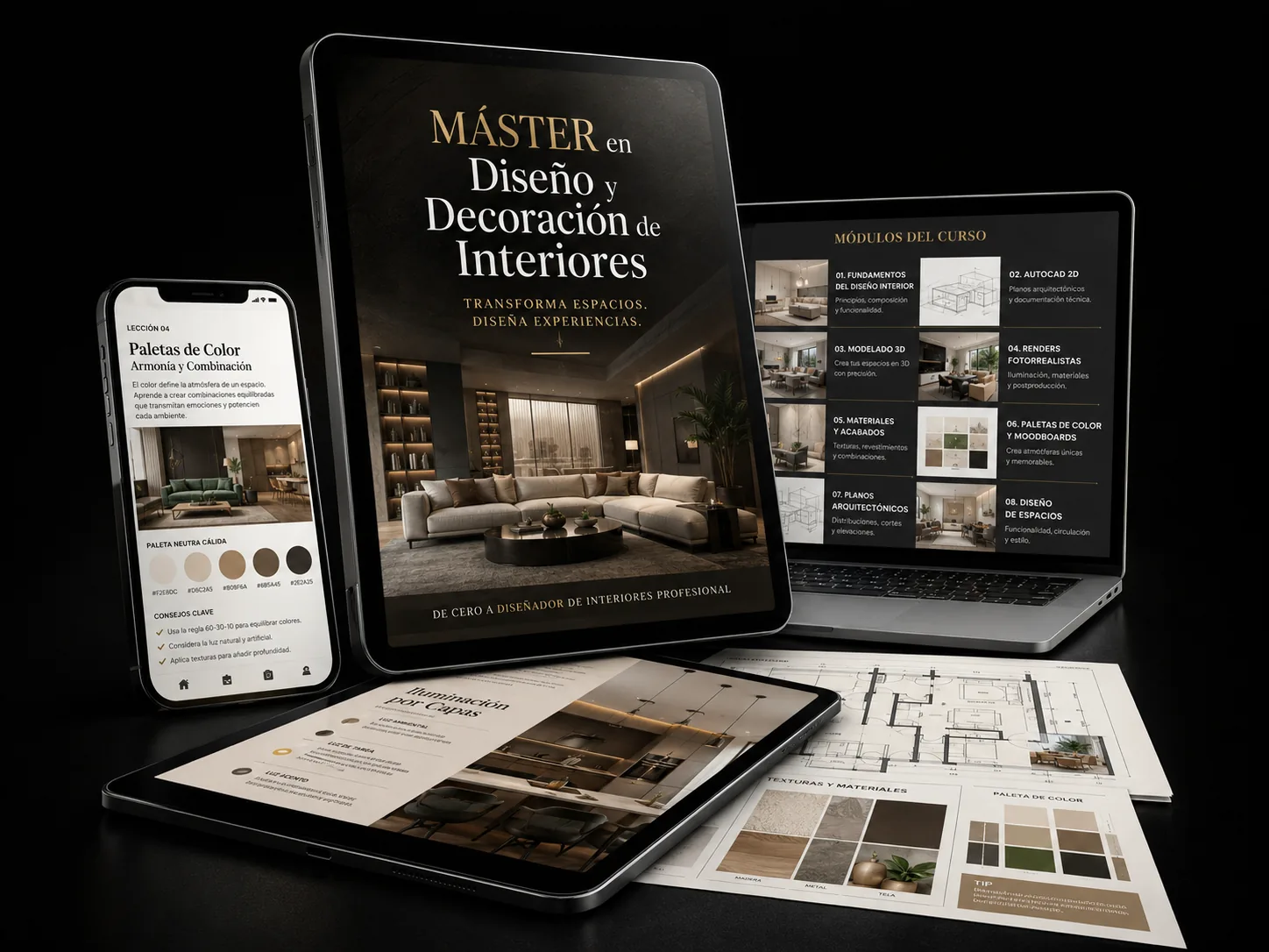 El máster disponible en móvil, tablet y laptop: de cero a diseñador de interiores profesional