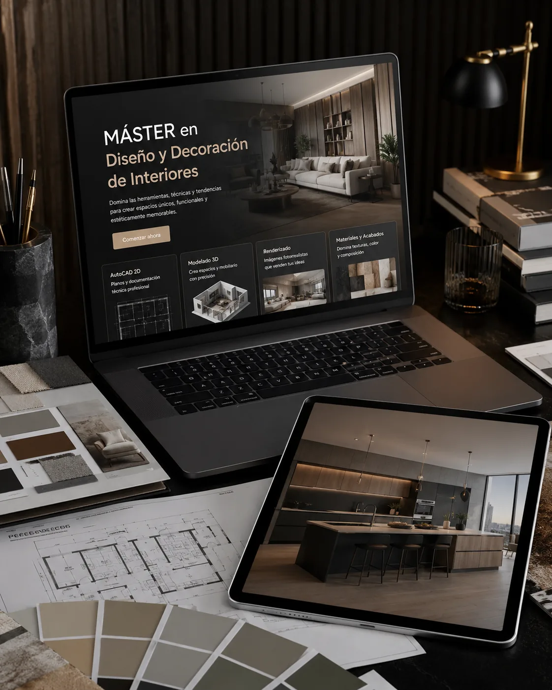 Máster en Diseño y Decoración de Interiores mostrado en laptop y tablet sobre un escritorio profesional