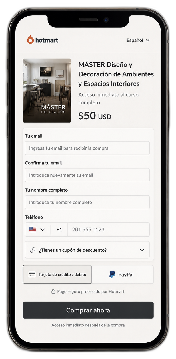 Paso 1: pago único y seguro del máster en la pasarela de Hotmart desde el celular