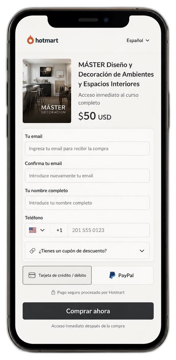 Paso 1: pago único y seguro del máster en la pasarela de Hotmart desde el celular