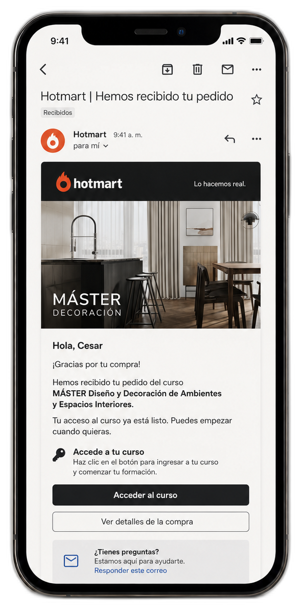 Paso 2: correo de confirmación de Hotmart con el acceso a la plataforma del máster