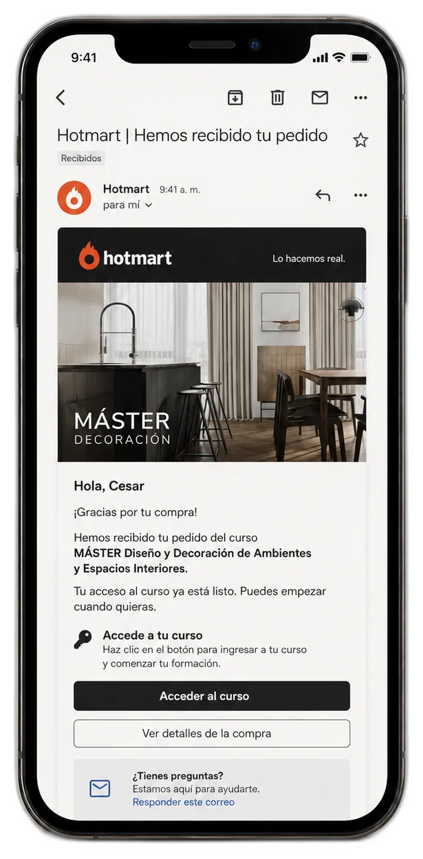 Paso 2: correo de confirmación de Hotmart con el acceso a la plataforma del máster