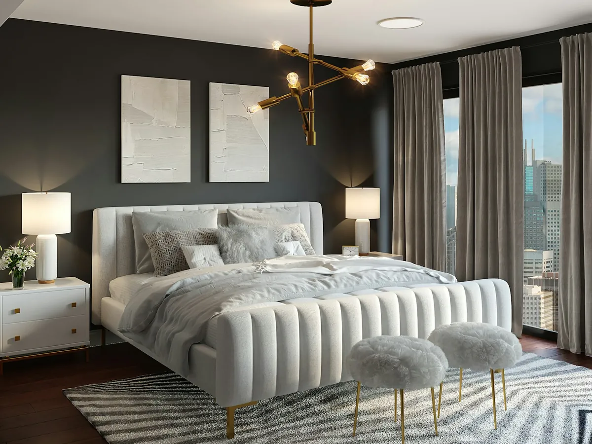 Dormitorio principal luminoso con grandes ventanales y textiles neutros