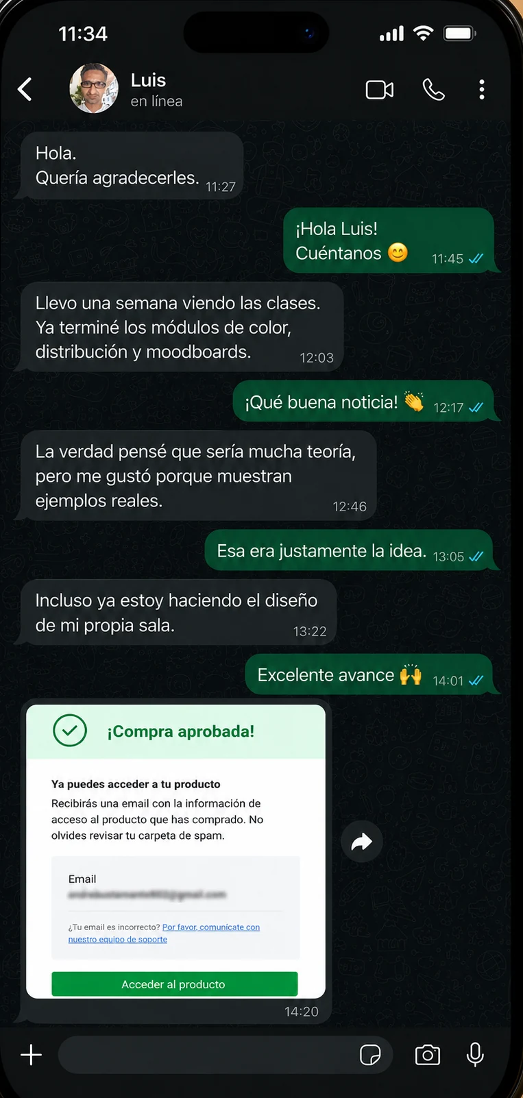 Conversación de WhatsApp: alumno agradece las clases y muestra su compra aprobada en Hotmart