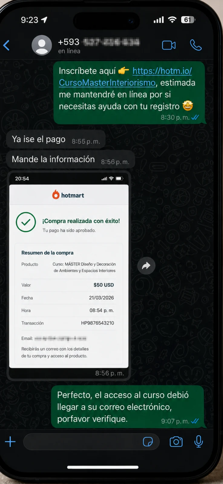 Conversación de WhatsApp: confirmación de pago y acceso al curso desde Hotmart