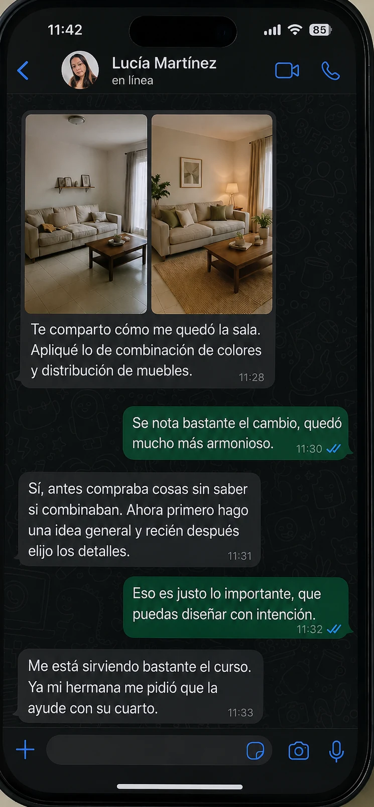 Conversación de WhatsApp: alumna rediseña su sala aplicando lo aprendido en el curso