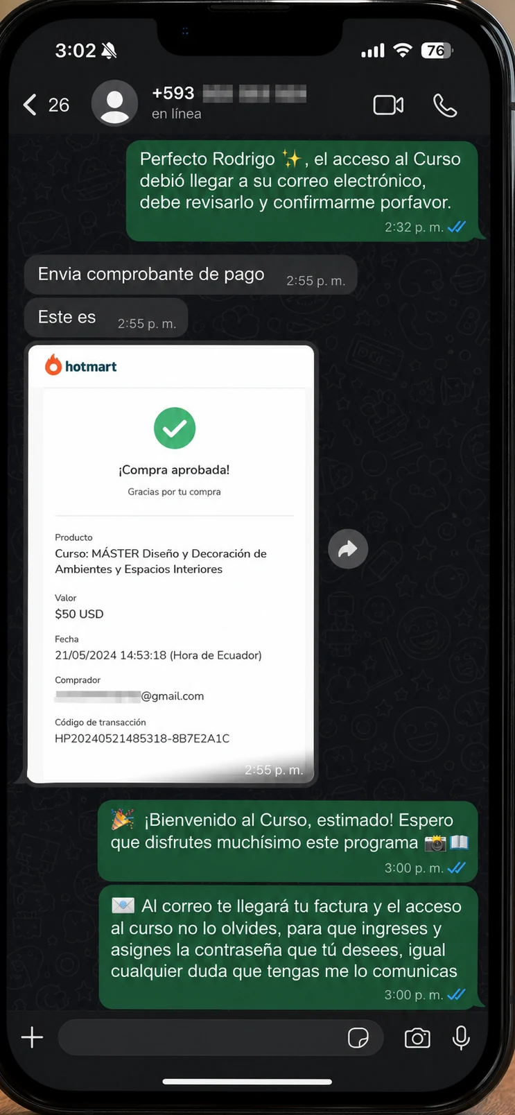 Conversación de WhatsApp: compra aprobada en Hotmart y bienvenida al curso