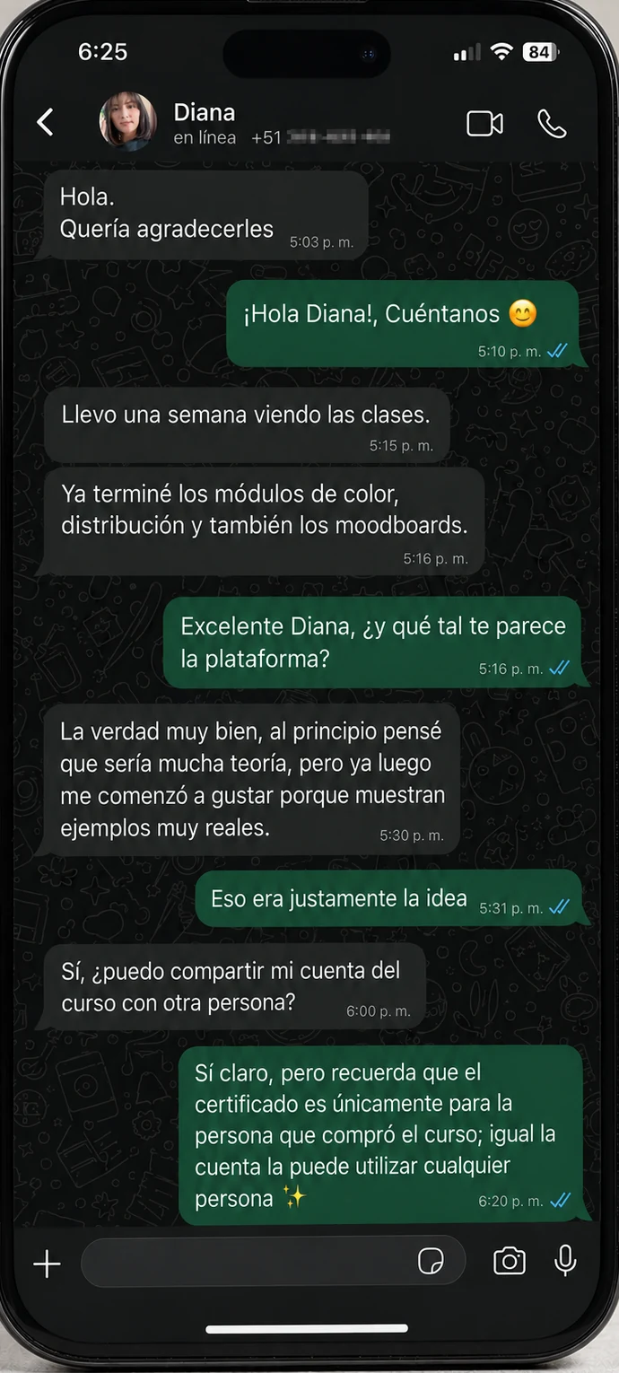 Conversación de WhatsApp: alumna Diana satisfecha con las clases y el avance en el curso